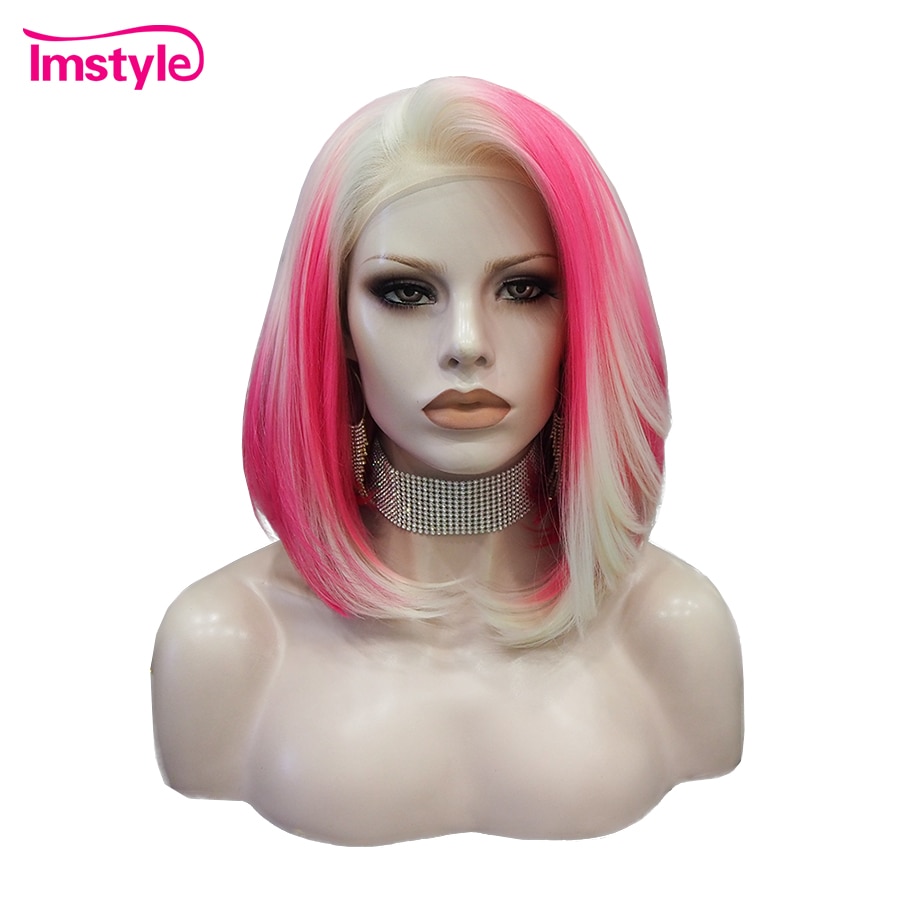 Imstyle Roze Blonde Pruik Korte Bob Pruiken Voor Vrouwen Synthetische Lace Front Pruik Hittebestendige Vezel Cosplay Pruik