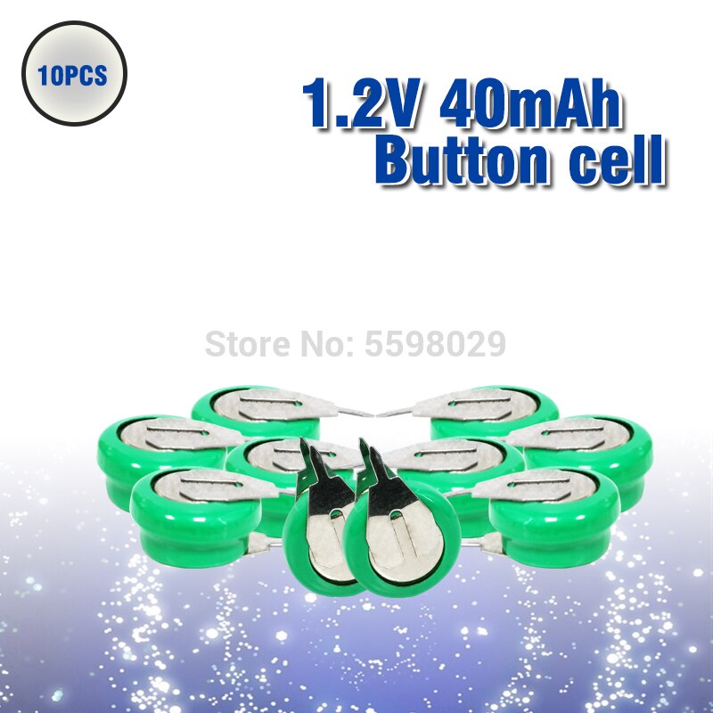 10-100pc Button Coin Cell Battery 1.2V 40mAh Ni-MH Rechargeable Battery With Solder Pins for watch toy timer solar energy: 10pcs