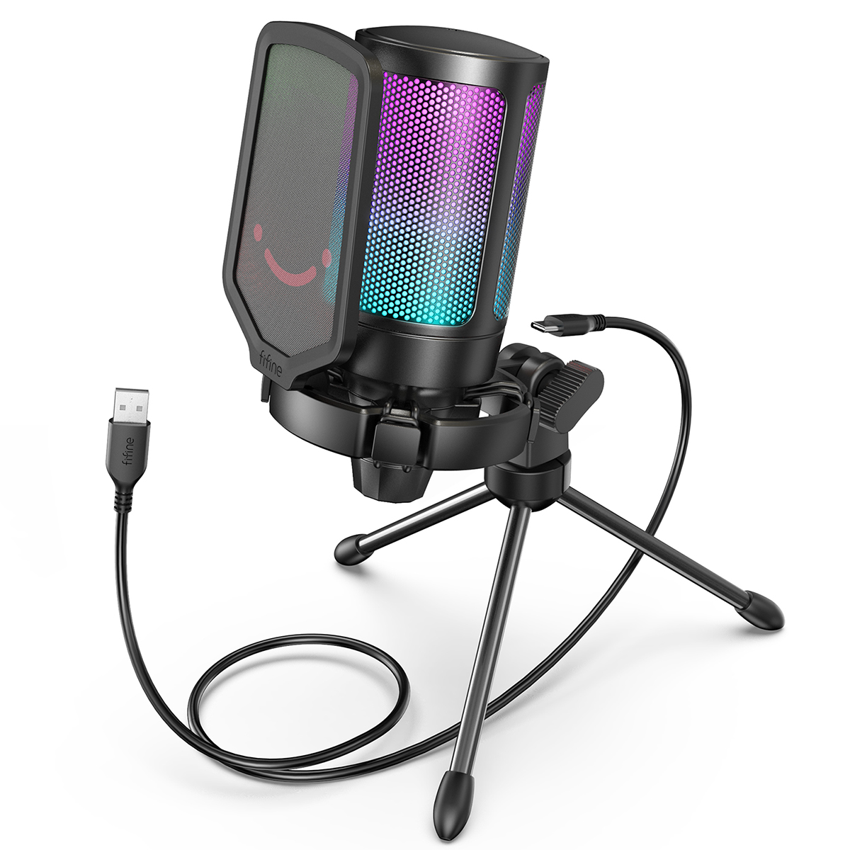 FIFINE USB kondensatorowy mikrofon do gier, do komputera PC PS4 PS5 MAC z filtrem popowy, mocowaniem przeciwwstrząsowym i regulacją wzmocnienia dla podcastów, Ampligame A6V: Black