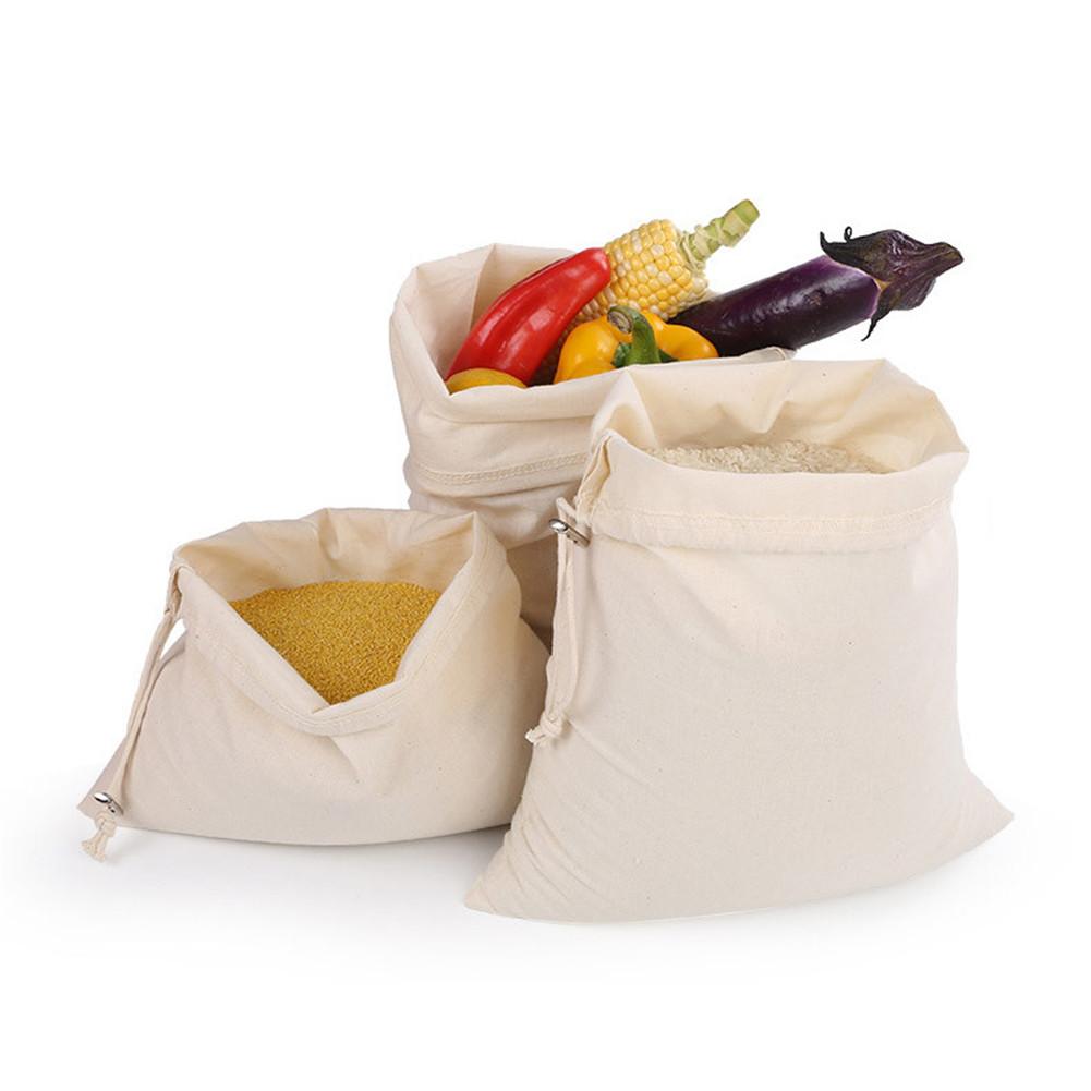 Bolsa reutilizable a granel de algodón con cordón, bolsa de compras de pan de arroz vegetales multiusos con hebilla de Metal