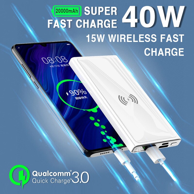 40W Super Fast Charging Power Bank 20000mAh Wireless Digital Display Built in Cables Powerbank with Flashlight for Xiaomi iphone