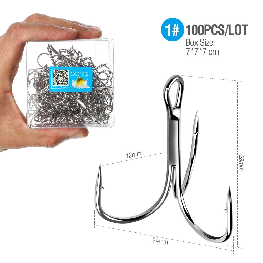 DONQL 100pcs/ Box Treble Fishing Hooks Carbon Steel Barbed Fishhooks Set Triple Hooks Sea Fishing Tackle Accessories For Lures: Size 1