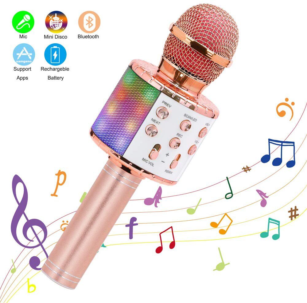 Micrófono de Karaoke Bluetooth 4 en 1 inalámbrico, máquina de altavoz portátil, reproductor de KTV doméstico de mano con función de grabación: rose gold