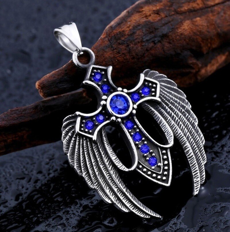 Colgante de pluma de piedra de 3 colores para hombre, Cruz de Cruz con alas dobles de acero inoxidable, Punk, tendencia de clásica