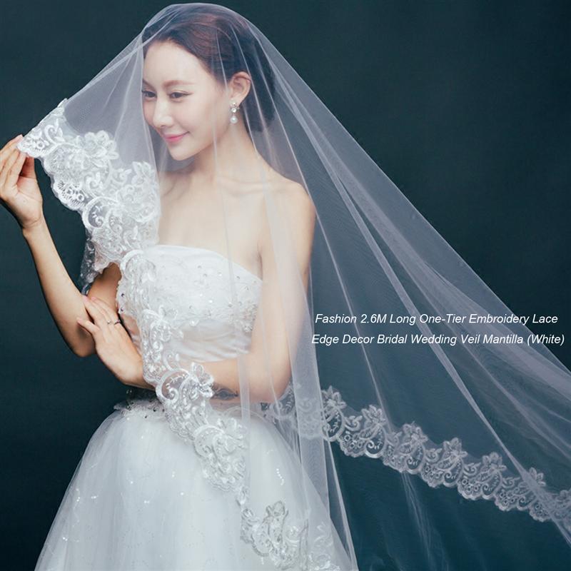 Velo de novia de un nivel con borde de encaje, 2,6 M de largo, velo de boda blanco, velo de la cabeza para novia, accesorios de boda de matrimonio