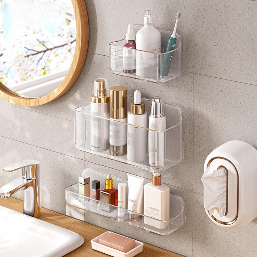 Estante organizador para el baño, soporte transparente para botellas de Gel de ducha montado en la pared, soporte de plástico sin perforación para el hogar, estante para mascotas