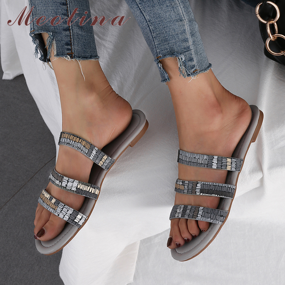 Meotina sommartofflor damskor glitter platta skor bling öppen tå slides dam sandaler brun grå stor storlek 36-45