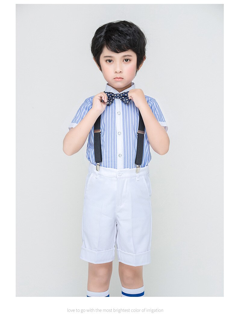 4Pcs Formele Gentleman Jongens Zomer Bruiloft Outfits Witte Rok Blauwe Shirts Met Vlinderdas Meisjes Studenten School Uniform Past: 4 pieces suit Boys / 170 height 160-170cm