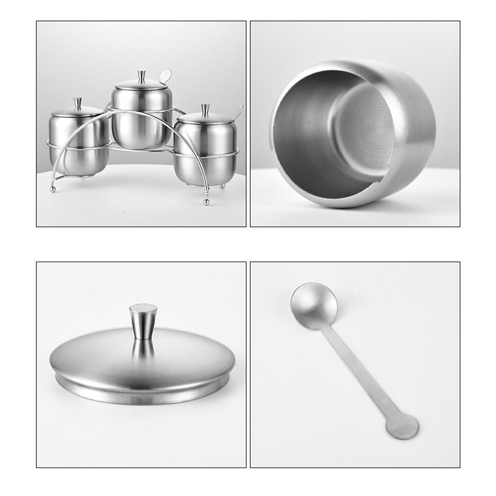 Household Seasoning Jar Sugar Bowl Salt Stainless Steel Durable Storage With Lid Spoon Condiment Pot Small Kitchen Silver Coffee