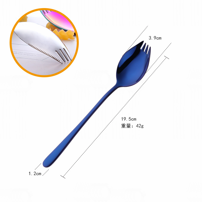 Stainless Steel Fork and Spoon Integrated Spoon and Fork Integrated Korean Household Long-Handled Salad Fork Dessert Fork Spoon: blue