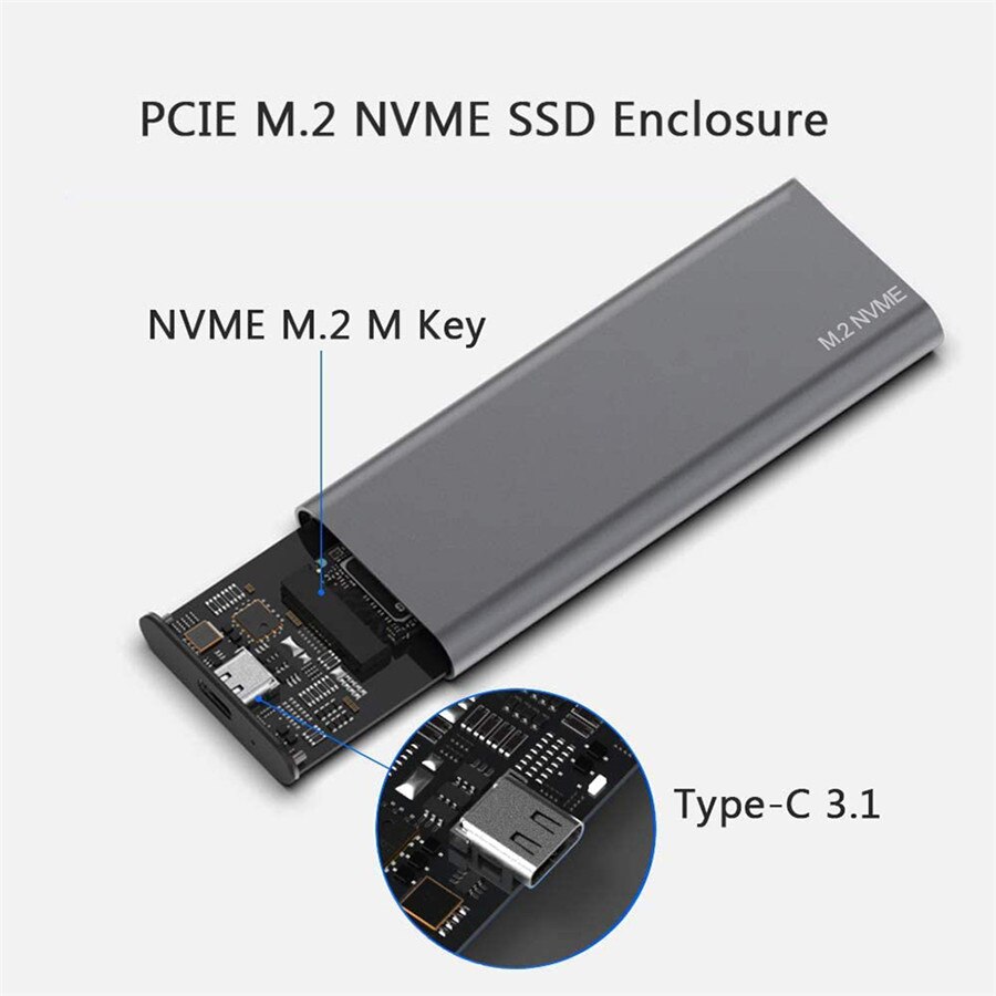 External Nvme SSD enclosure (PCI-E, Gen 2, 10 Gpbs) USB 3.1 aluminium slim USB C and USB-A cable incl.