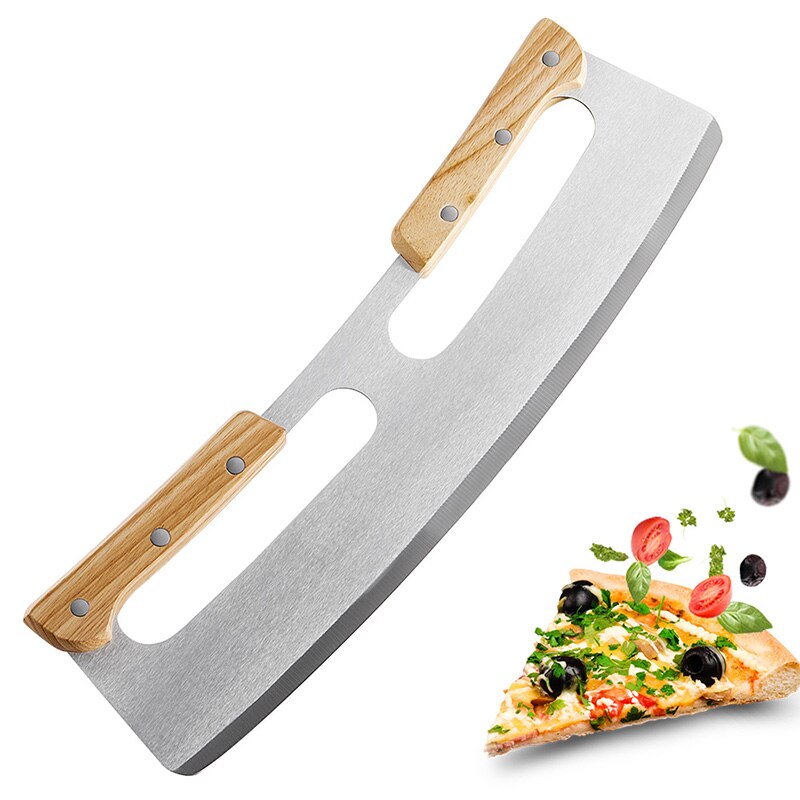 Two-handle Pizza Cutter Wooden Handle Half-round Pizza Hob Easy to Operate Rocker Knives for Kitchen Tool J2Y
