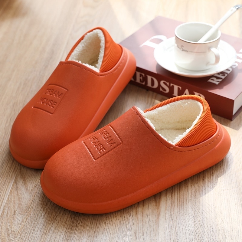 Waterproof Winter Cotton Slippers Female Home Household Warm Women Shoes Indoor Out Leather Bread With Moon Cotton Shoes