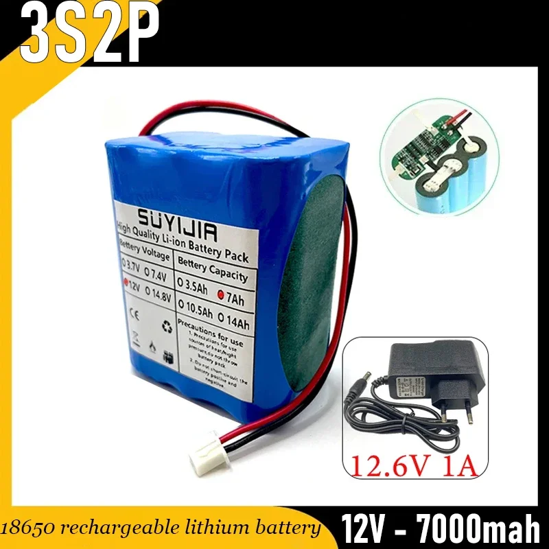 Original 18650 3S2P 7000mAh Battery 12V Rechargeable Lithium Battery Pack W/ BMS Backup Power Supply for CCTV Monitor Bluetooth