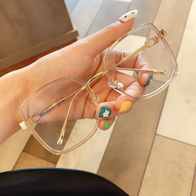 Anti-blå lyse computerglas til kvinder mærke legering firkantede klare briller stel kvindelig nærsynethed briller grøn orange: Klart klart