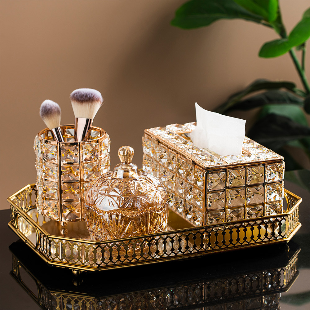Luxury Crystal Glass Tissue Box Metal Decoration Nordic Home Decor Paper Rack Napkin Holder Candle Holder Makeup Organizer Box