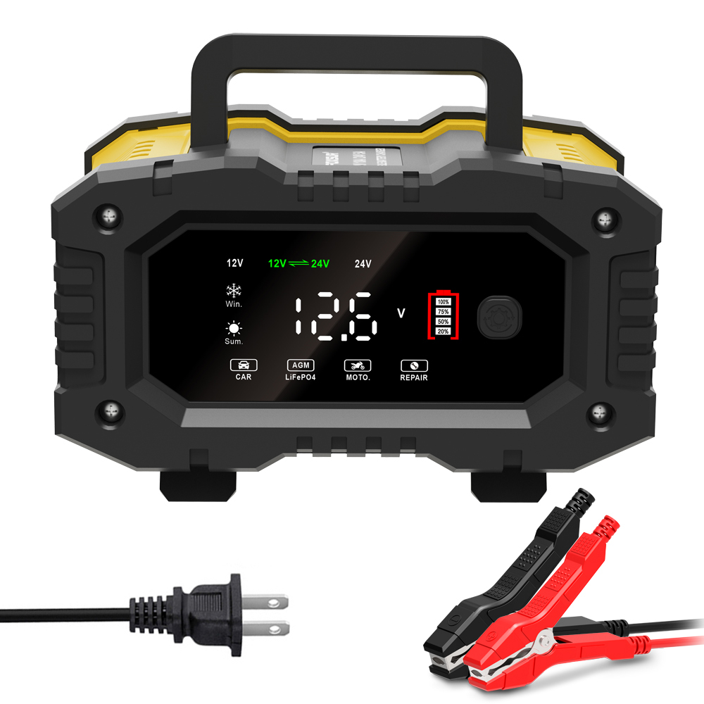 FOXSUR-cargador de batería de coche 10A para baterías de plomo-ácido Lifepo4 AGM de 12V 24V para motocicleta, camión, barco con reparación automática de pulso: Naranja