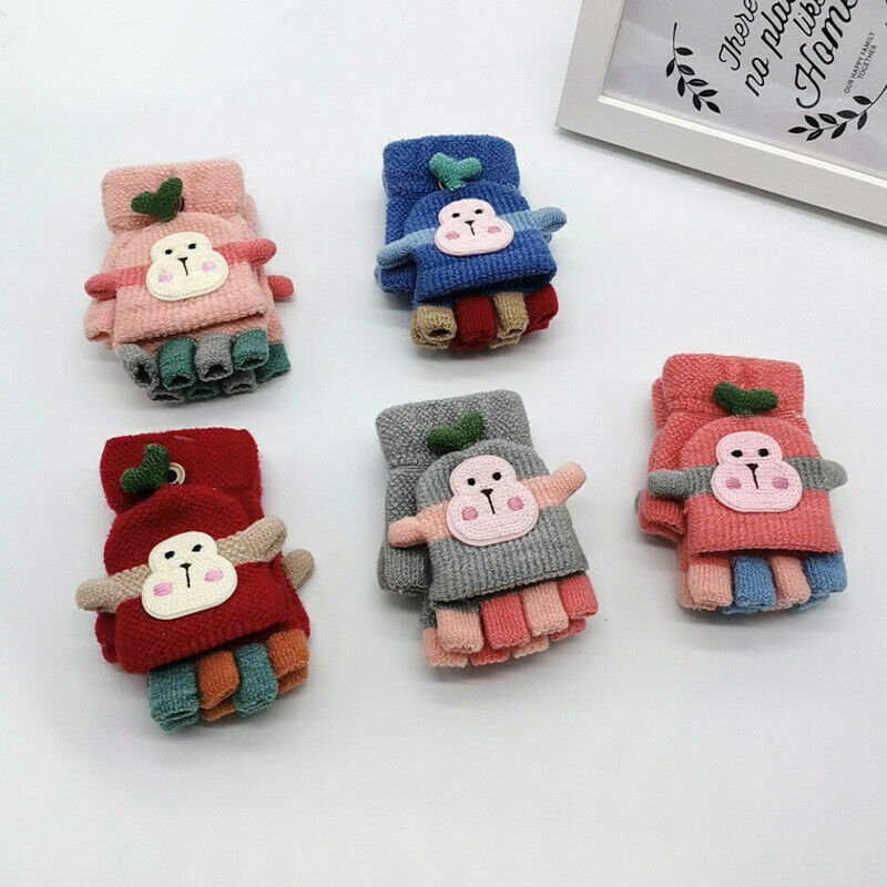 Winter Warm Toddlers Baby Boy Girls Kids Gloves Thick Fur Cartoon Monkey Gloves