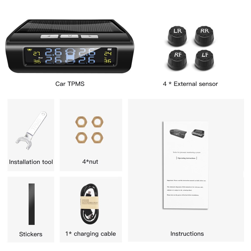 Tirebull dæktryk overvågningssystem auto motocykel lastbil tpms lcd farve dæk trykmåler 4 stk ekstern sensor bilalarm: Til bil