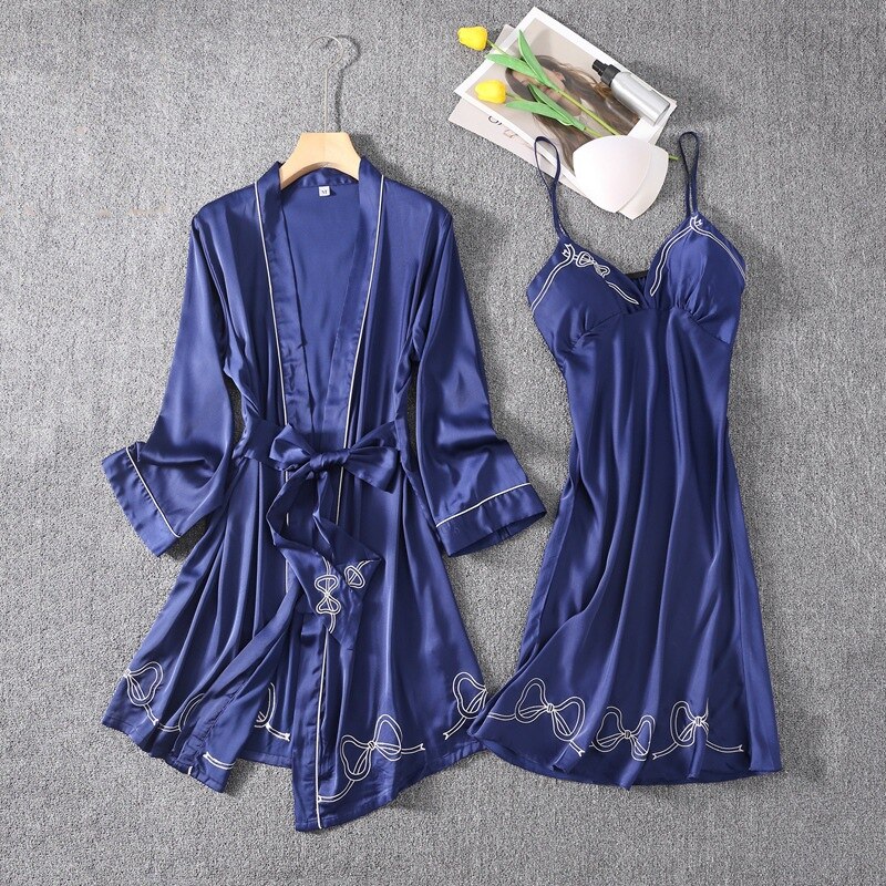 Conjunto de Bata de rayón con lazo bordado y cuello en V para mujer, camisón Sexy con tirantes, ropa de dormir para el hogar, verano, 2 uds.: Blue / XL