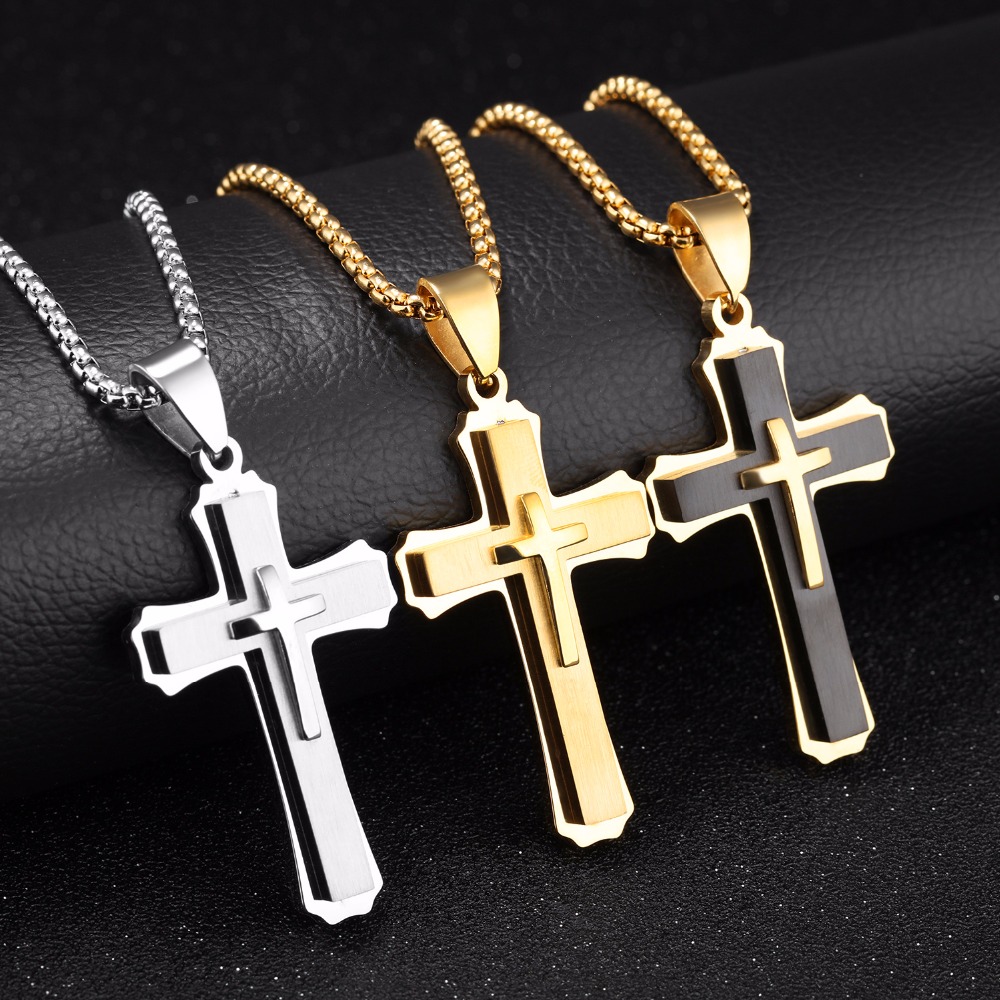 FATE LOVE Brand Statement Cross Necklaces & Pendants for Men Male Punk Stainless Steel Chain jewelry silver color golden
