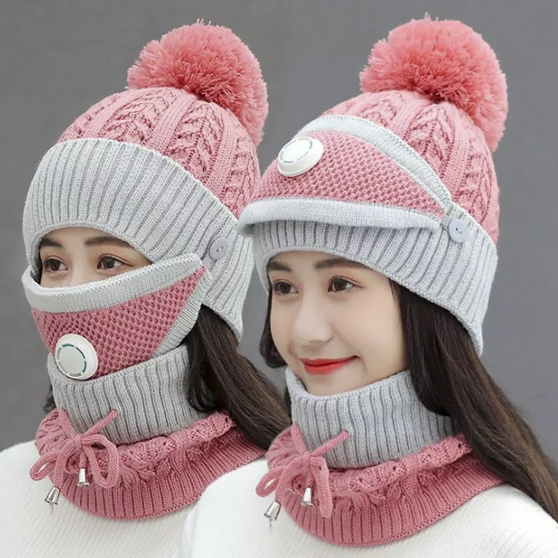 Vinter kvinder strikket hue sæt blød uld scart kasket pige varm solid kranie hætte med nakke varmere tyk fleece foret kvinde