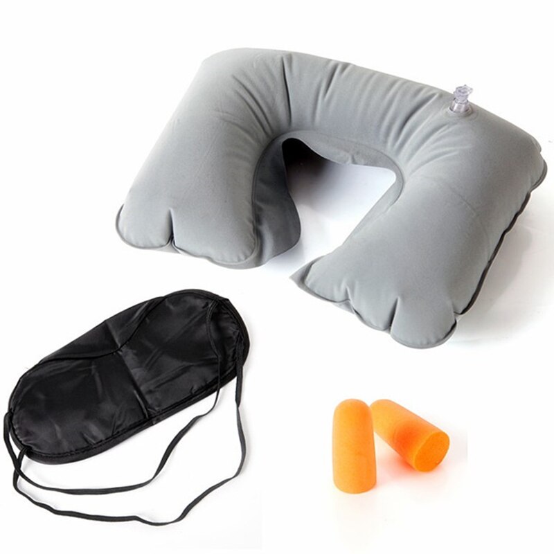 1 Set PVC Flocking Pillow Portable Travel Accessories Inflatable Neck Pillow U Shape Blow Up Neck Cushion Eye mask earplug