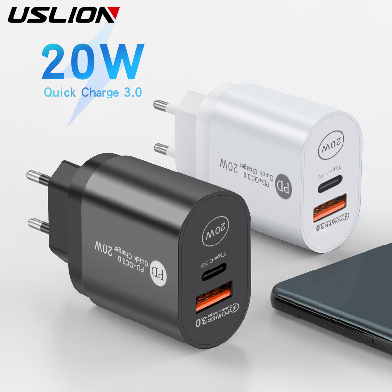 USLION – chargeur USB PD 20W QC3.0, Support USB type-c, charge rapide, pour téléphone iPhone 12 Pro Max 11 AirPods iPad Huawei