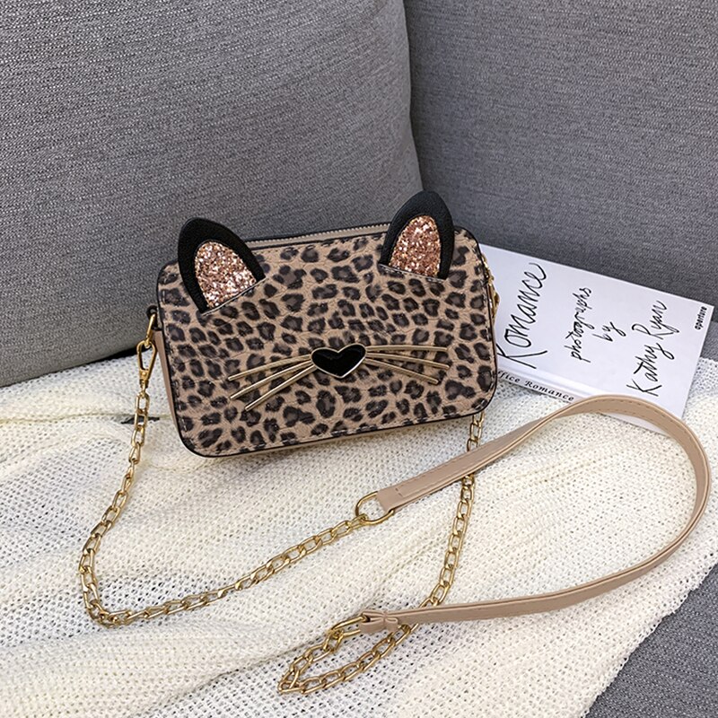 Trend kvinnliga väskor pu läder axelväska dam katt mönster kvinnlig messenger bag små handväskor