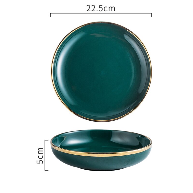 Light Luxury Gold Edge Ceramic Plate Household Steak Pasta Diner Plate Fish Dishes Dessert Bowl Kitchen Decor Tableware Sets: H-22.5x22.5x5cm