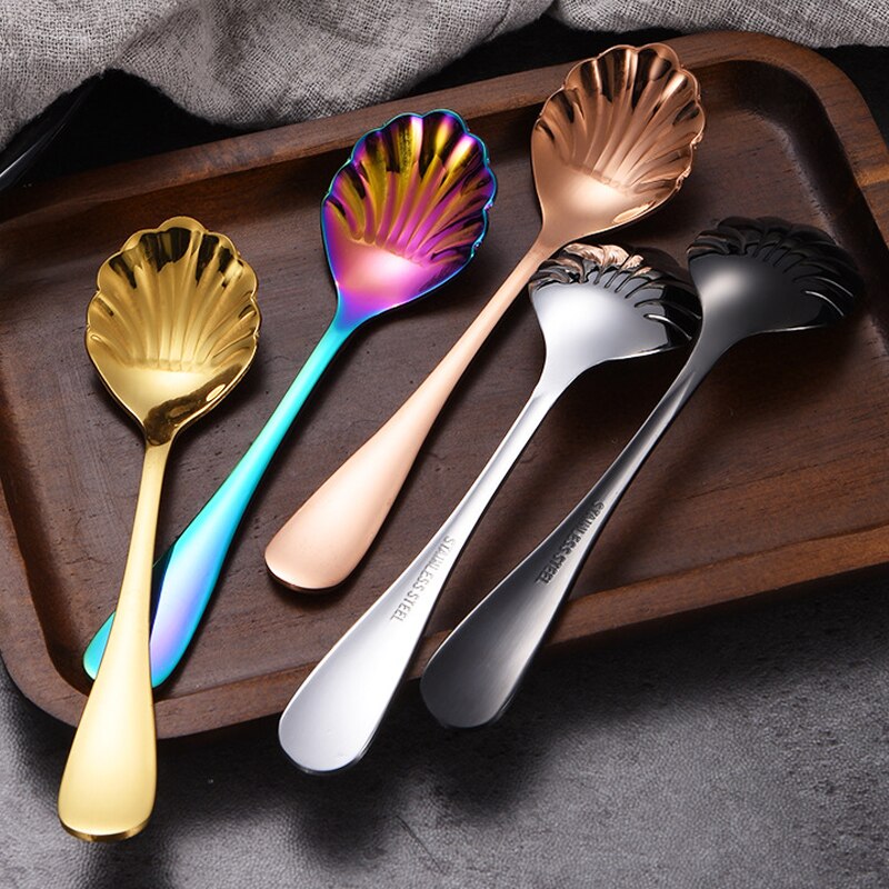 Shell Shape Stainless Steel Spoon Teaspoons Coffee Spoons Ice Cream Sugar Dessert Spoons Tableware Kitchen Accessories