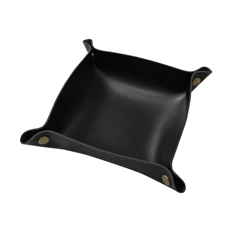 Caja de almacenamiento de cuero nórdico, bandeja de almacenamiento de escritorio, joyería, cesta de almacenamiento de llaves y cosméticos, estuche de almacenamiento plegable, organizador de mesa: Negro