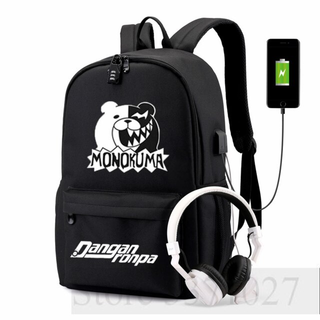 Danganronpa-mochila Ouma Kokichi con carga USB para adolescentes, morral escolar de , bolso de viaje para hombres y mujeres, mochila para ordenador portátil para estudiantes: E