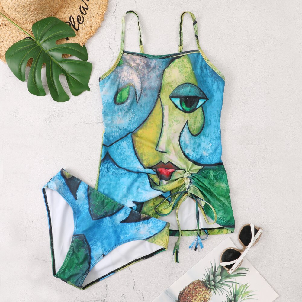 Longer Length Tankini with Shorts Women Big Mouth Printed Padded Ruched Drawstring Tassels Tankini: L