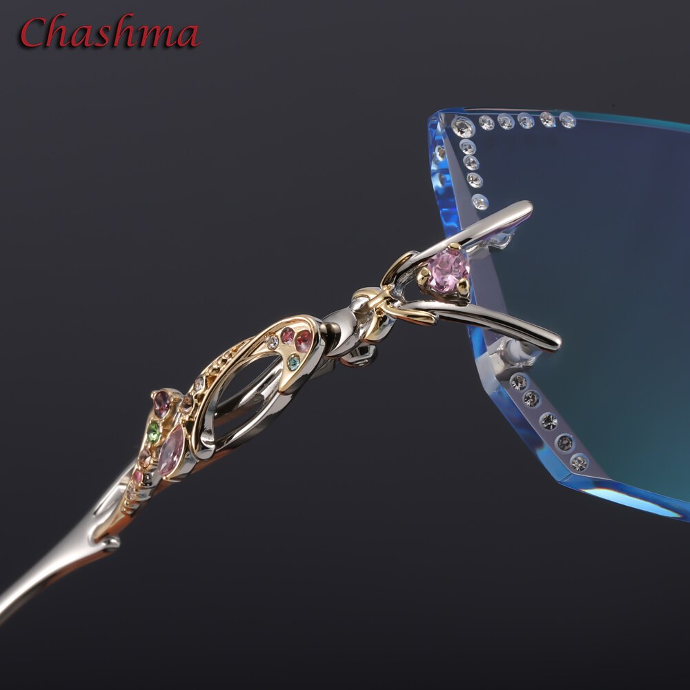 Chashma Brand Tint Lenses Sunglasses Titanium Eyewear Female Diamond Crystal Trimmed Glasses Frame Cat Eye Rimless Glasses Woman
