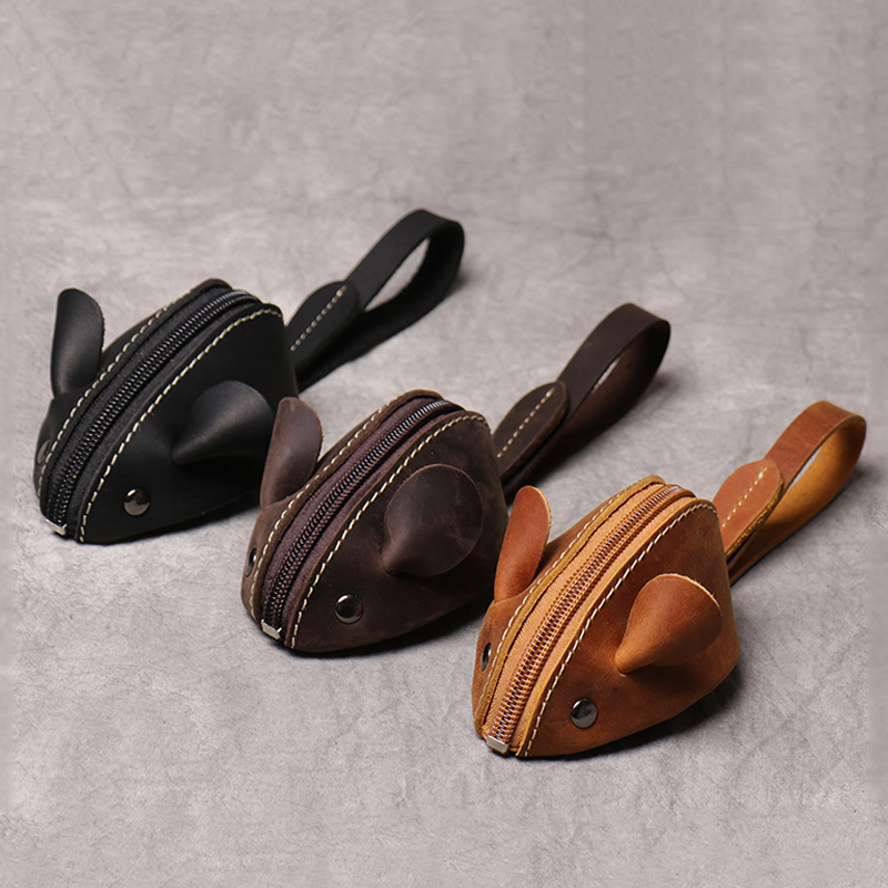 Porte-monnaie en cuir véritable, sac de rangement et mignon pour souris, tendance, poche à fermeture éclair, portefeuilles portables pour hommes et femmes, sacs à clés pour enfants