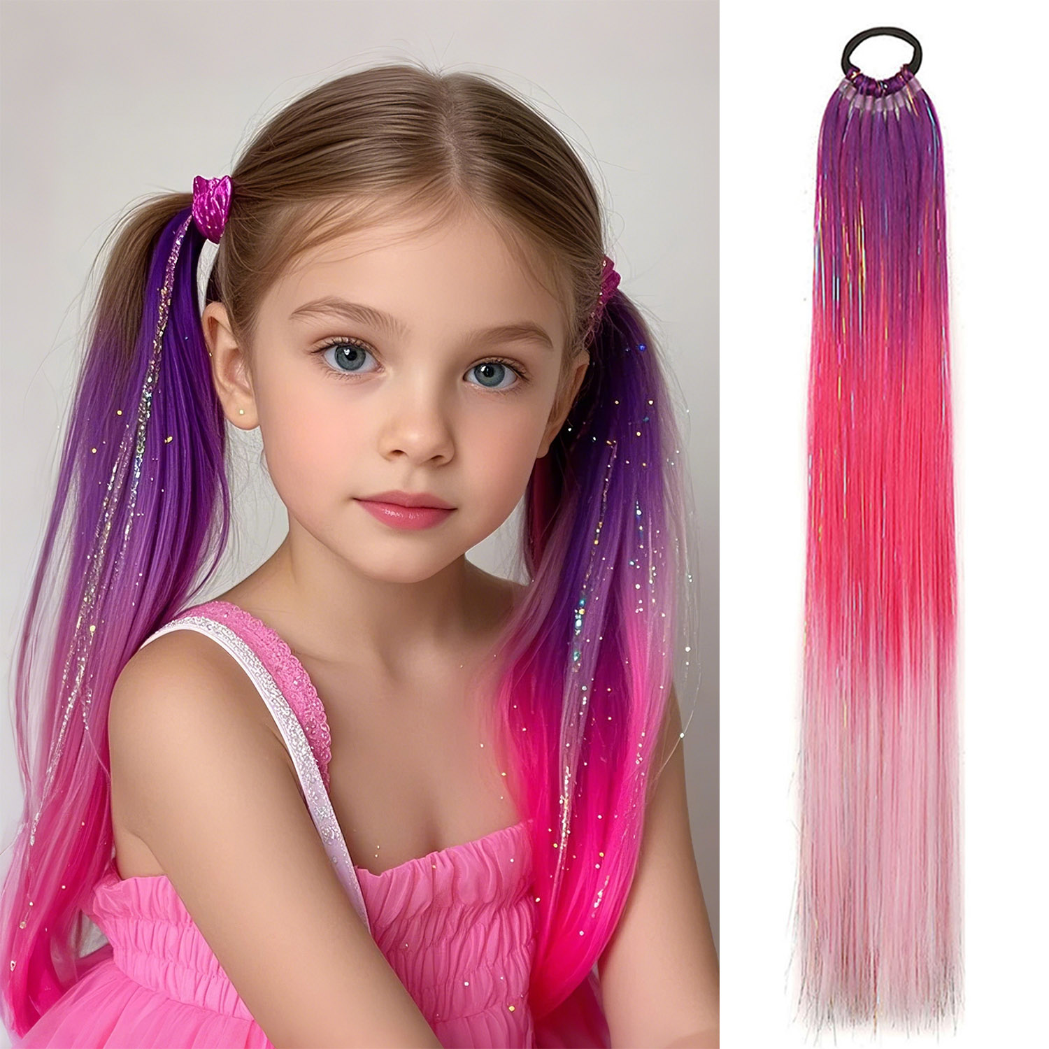Extensão de rabo de cavalo roxo azul com laço de cabelo elástico glitter trança de cabelo para crianças meninas cabelo louco dia corajoso cabelo: Vermelho