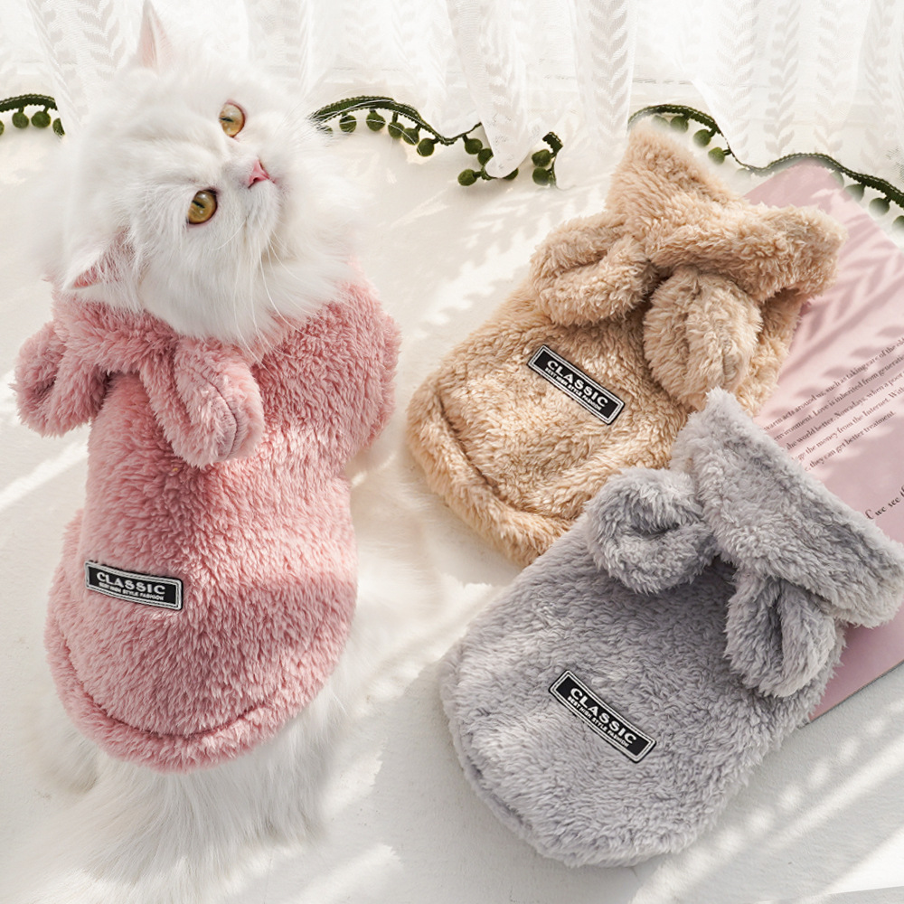 Oreille de lapin confortable coton polaire à capuche vêtements pour animaux de compagnie automne et hiver vêtements chat sweat à capuche chien vêtements fournitures
