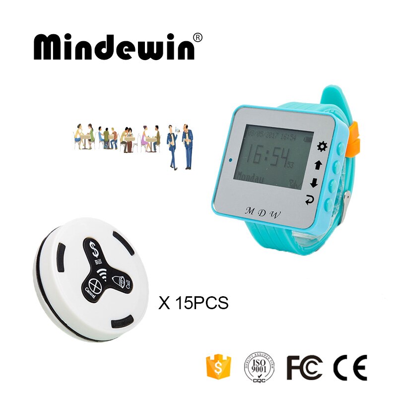 Mindewin 433MHz Draadloos Oproepsysteem 15PCS Tafel Belknop M-K-3 + 1 STUKS Horloge Pager M-W-1 Reataurant Draadloze pager Systeem: White black
