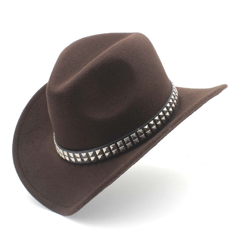 Women Men Wool Hollow Western Cowboy Hat With Wide Brim Felt Cowgirl Jazz Godfather Sombrero Cap Size 56-58CM Punk Belt A35