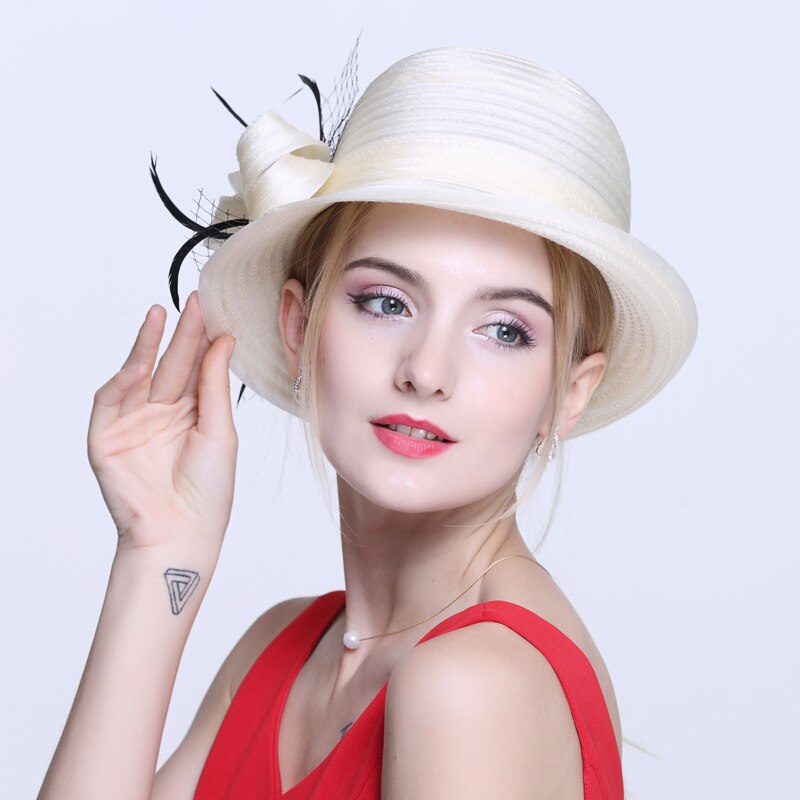 Lady Fedoras Hat Girl Summer Organza Cap Version Dome Hat British Shopping Adjust Fedoras Cap Shading Hats A67: Beige