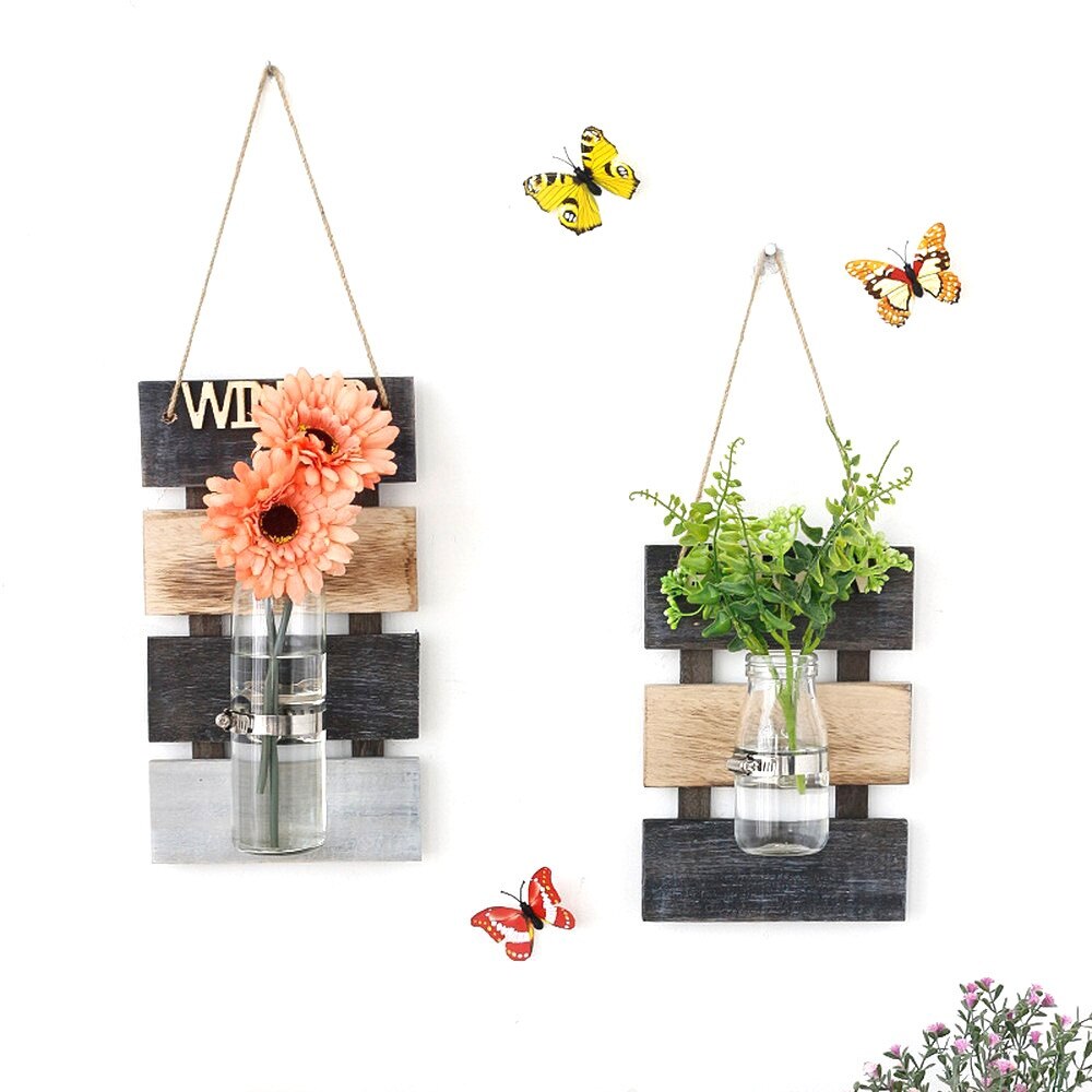 Jarrón de cristal original para plantas, colgante de pared de madera Pastoral, arreglo de flores, decoración de luz, sala de estar o comedor jarrón de vidrio para, madera