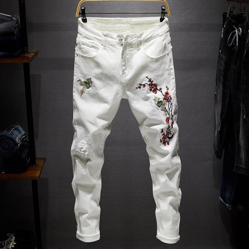 Pantalones ajustados informales con flores de ciruela para hombre, Vaqueros bordados, estilo Hip Hop, Punk, para novio,