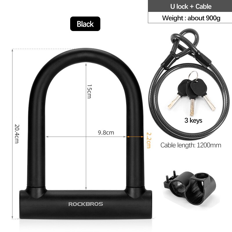 ROCKBROS-candado para bicicleta eléctrica, candado de estilo chino en forma de U, candado antirrobo, juego de cables para bicicleta de montaña y carretera, accesorios: Black cable set