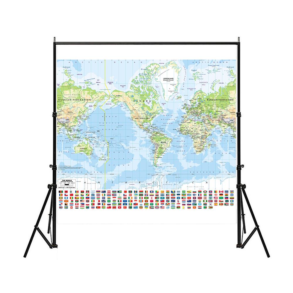 De Wereld Mercator Projectie Kaart Met Nationale Vlag 150X150Cm Non-woven Waterdichte Wereldkaart Voor Onderwijs