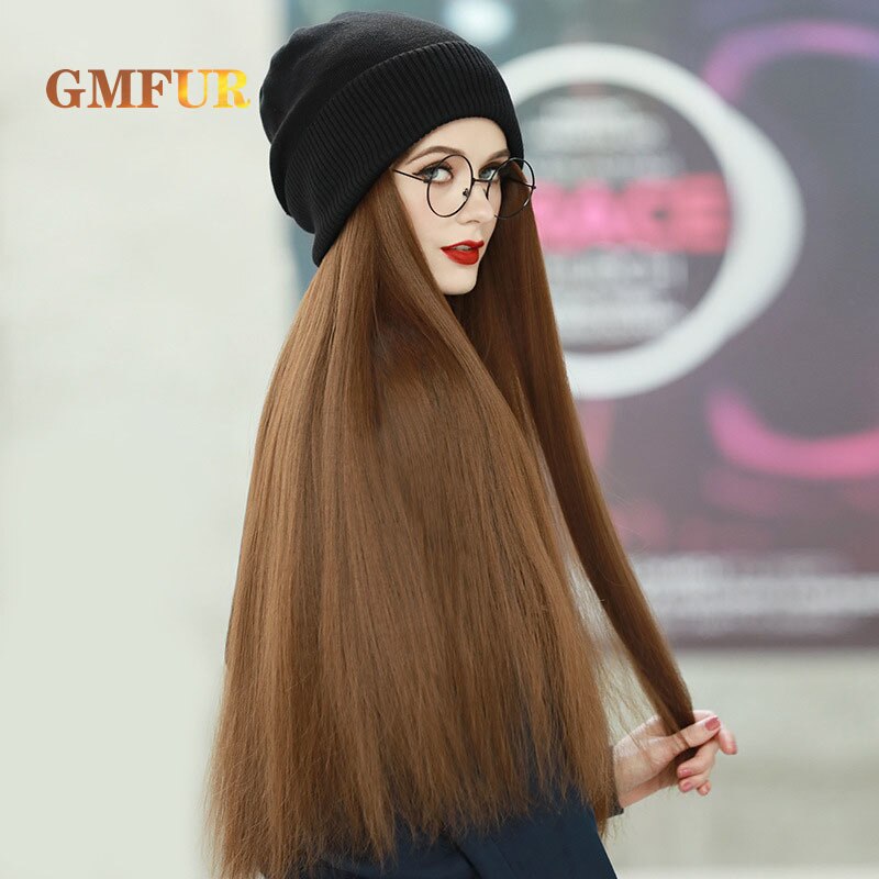 Sombrero con pelucas de pelo para mujer, pelo largo y liso, sintético, cálido y suave, gorro de punto, todo en uno, con sombrero