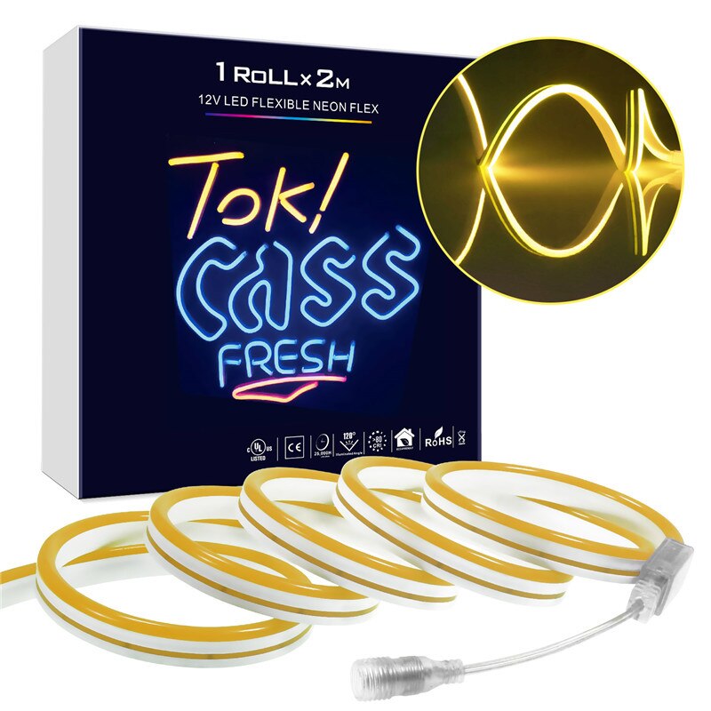 Neonskilt led lys lampe 2m strips tape vanntett bar fargerik regnbuelys rund led neon hjemmeveggdekor: Gul