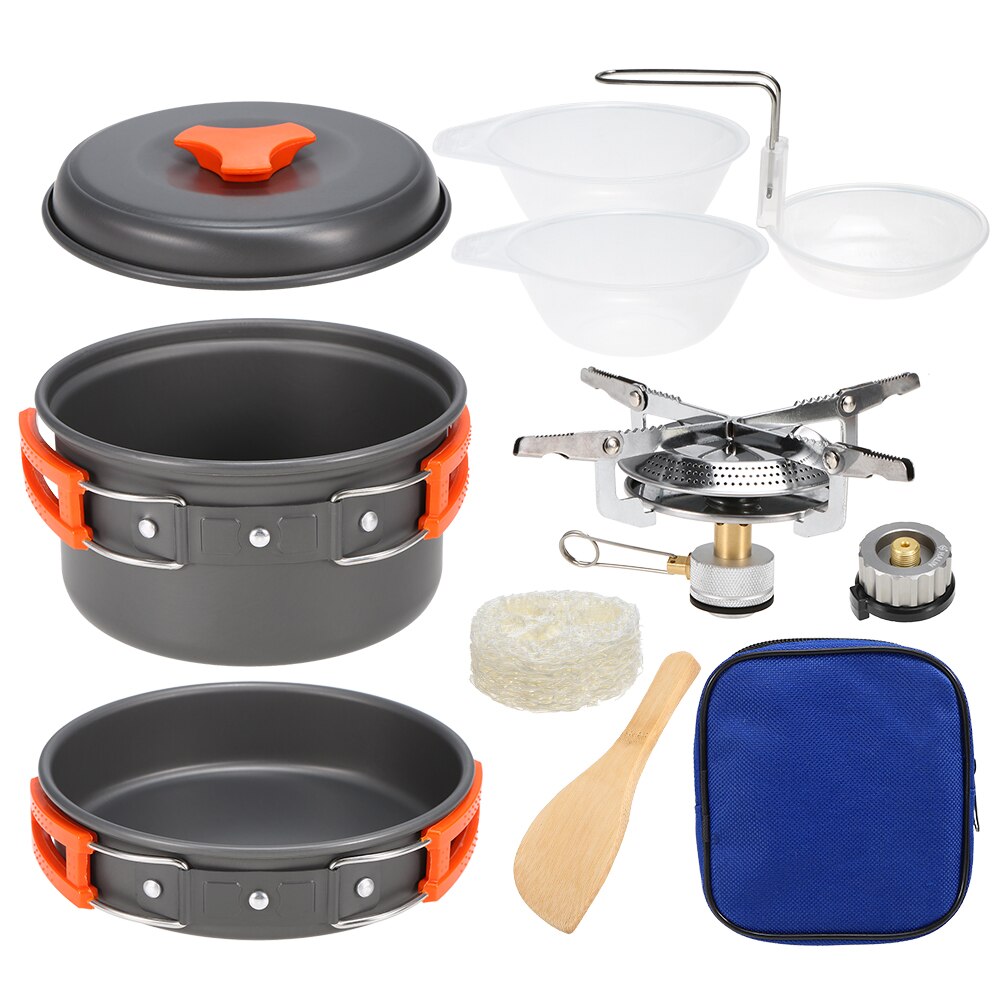 Lightweight Aluminum Outdoor Stove Pot Pan Plastic Bowel Outdoor Cookware Set for Backpacking Camping Picnic 2-3 People