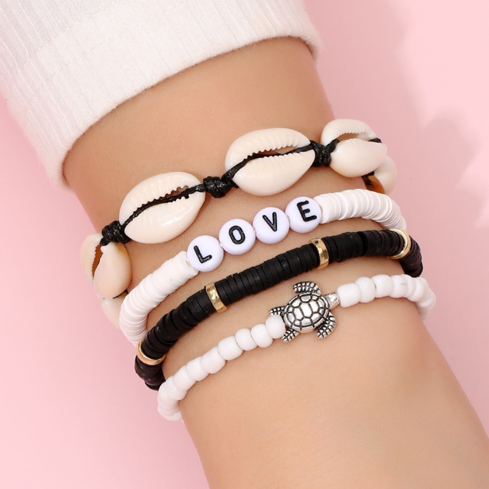 Conjunto de pulseras apilables de arcoíris para mujer, dije de corazón, arcilla suave, cuentas de capas de cerámica, brazalete de cadena, joyería Bohemia femenina: Bañado en rodio de imitación