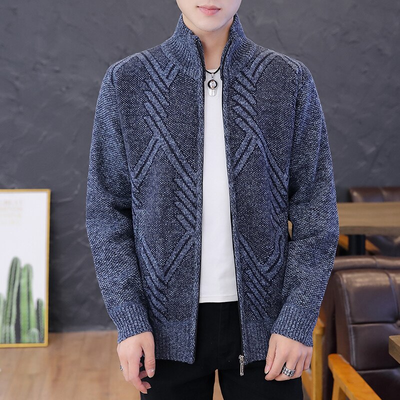 Koreansk stil cardigan mænd sweater tøj grå 2020 nye herre sweater oversized strikket cardigan mønster varmt tøj til mænd 3xl: Blå / L